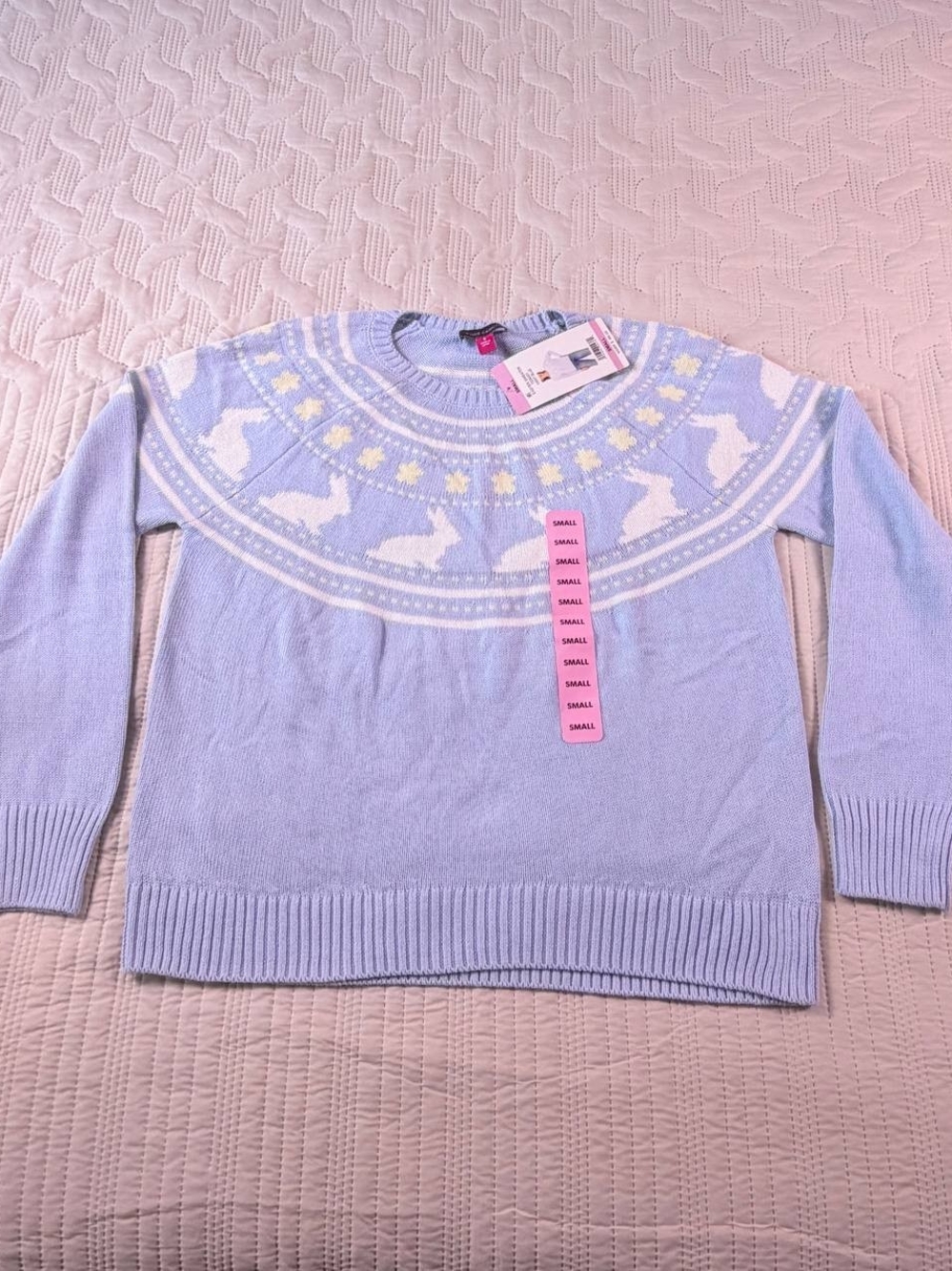 Vince Camuto Light Blue Fair Isle Crewneck Sweater with Bunny Motif